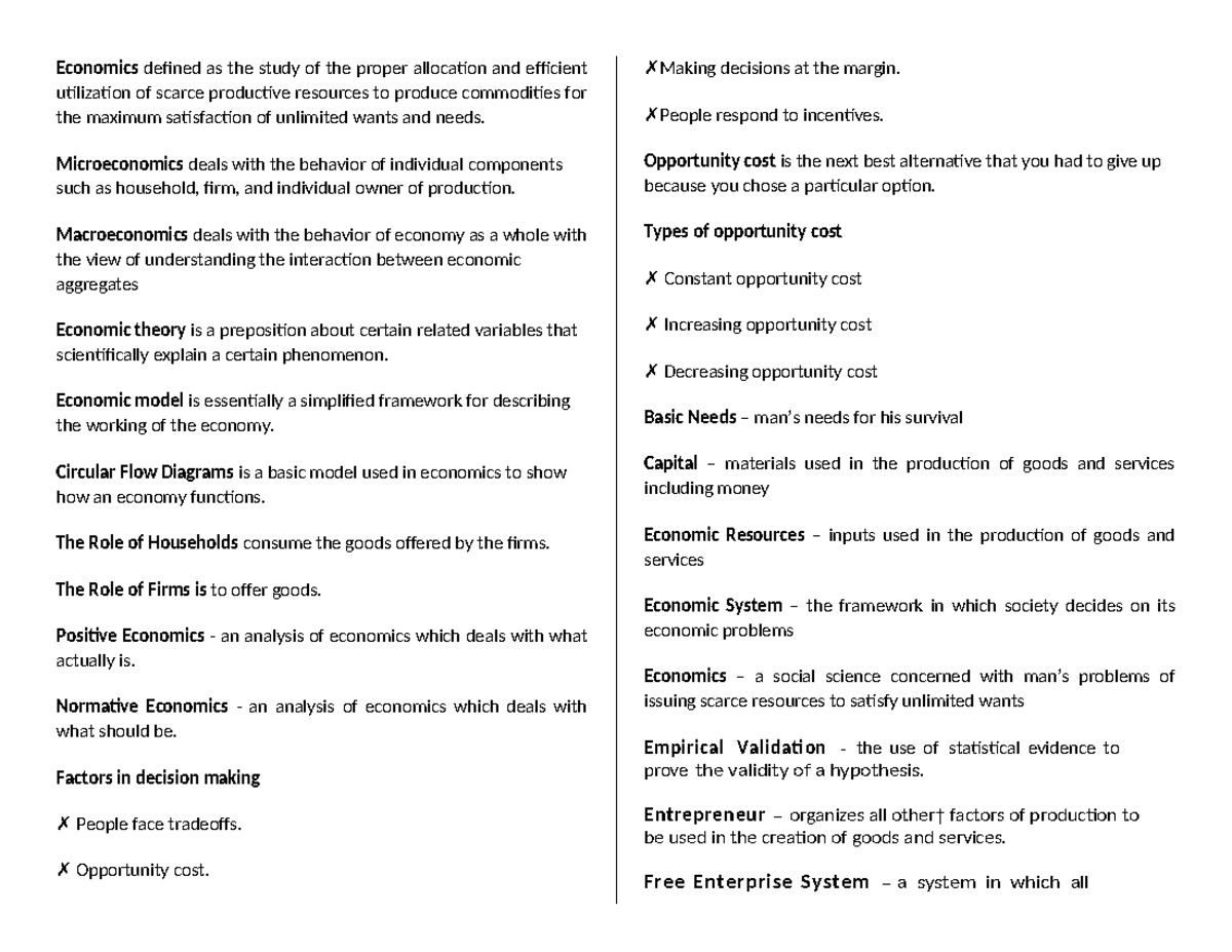 ECO 101 Final Exam Reviewer: Key Concepts in Micro and Macro Economics ...