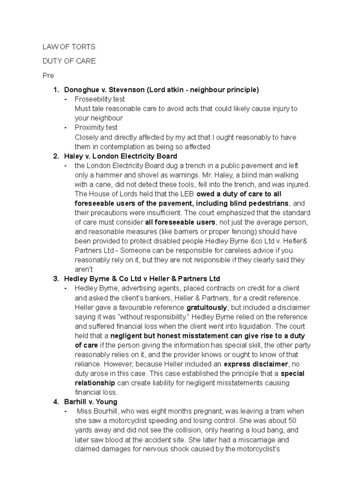 LAW435 Duty of Care: Key Cases and Principles in Tort Law - Studocu