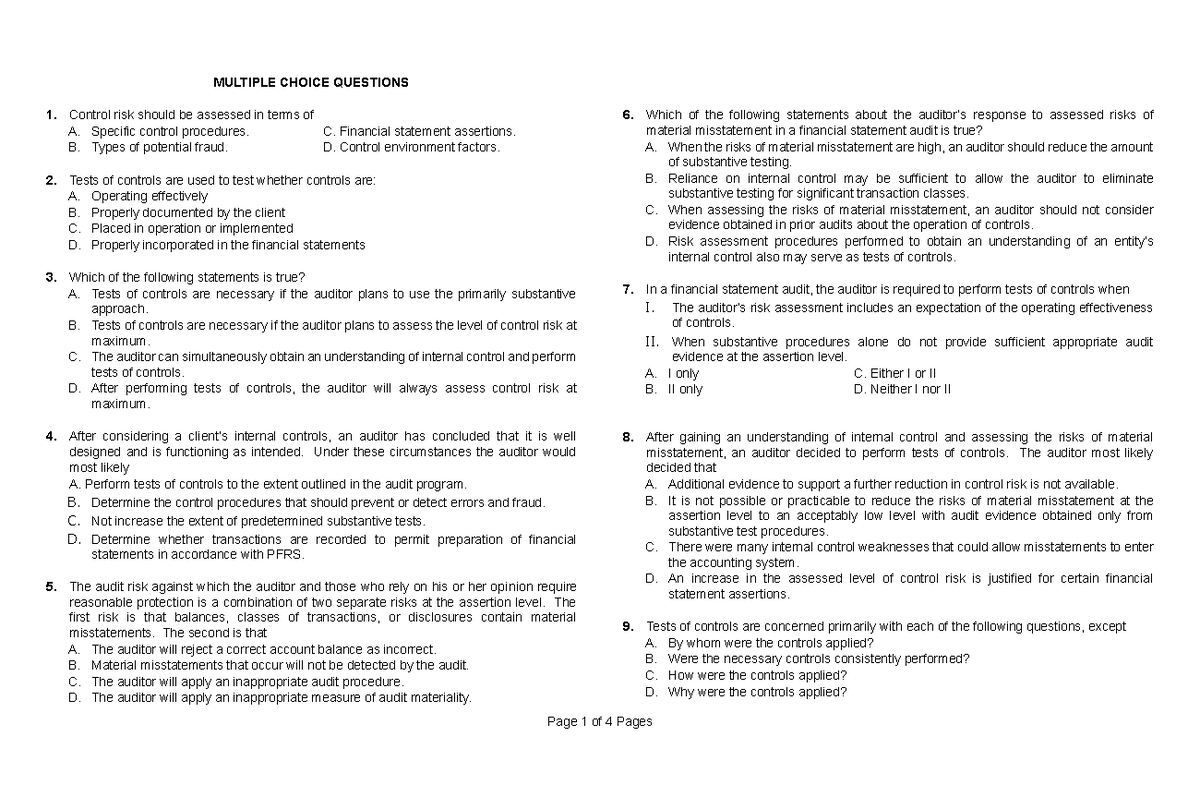 JLP AT-05 - Use wisely - MULTIPLE CHOICE QUESTIONS Control risk should ...