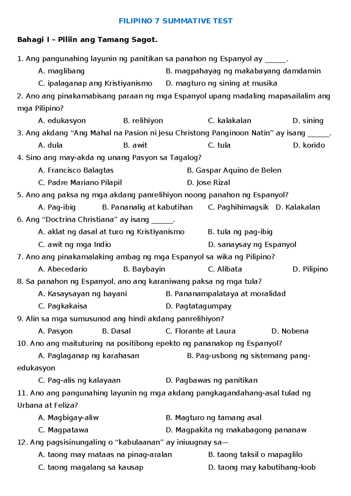 FILIPINO 7 SUMMATIVE TEST: Bahagi I at mga Tanong sa Panitikan - Studocu