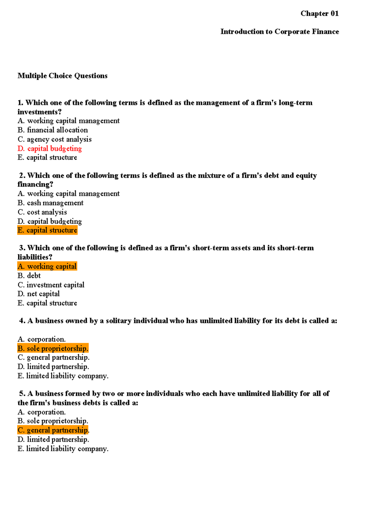 Chapter 01 - Corporate Finance MCQs Review - Studocu