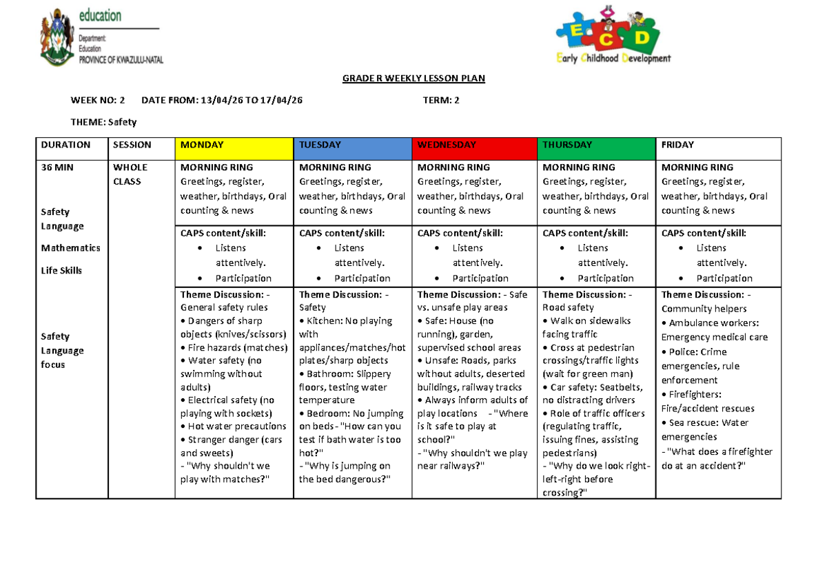 GRADE R TERM 2 WEEK 2 LESSON PLAN: Safety Theme Activities - Studocu