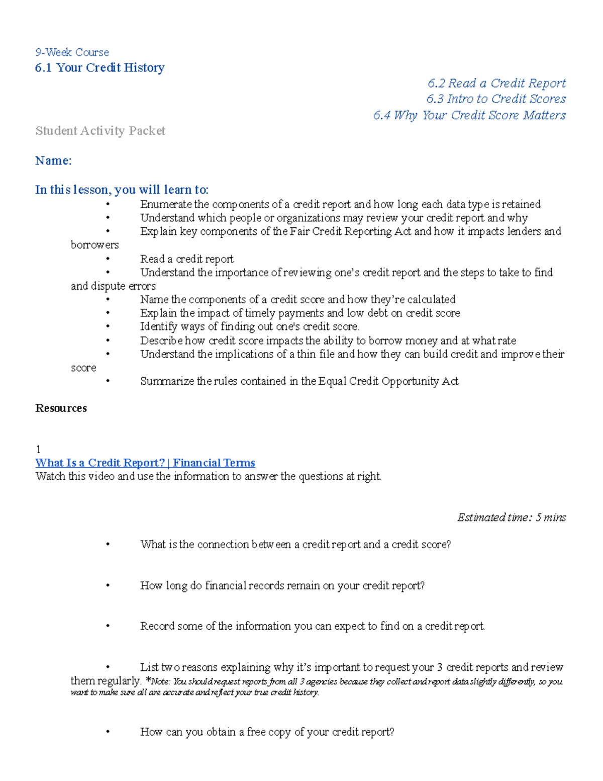 Credit Packet 2 - vuhvivy - 9-Week Course 6 Your Credit History 6 Read ...