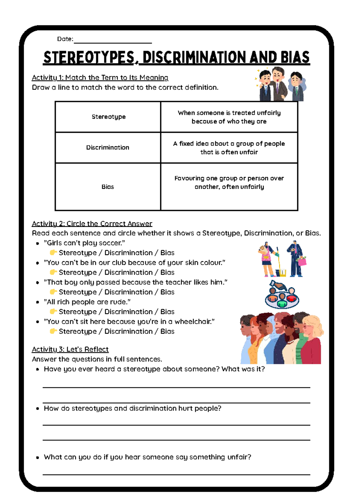 S,D & B Worksheet: Understanding Stereotypes, Discrimination & Bias ...