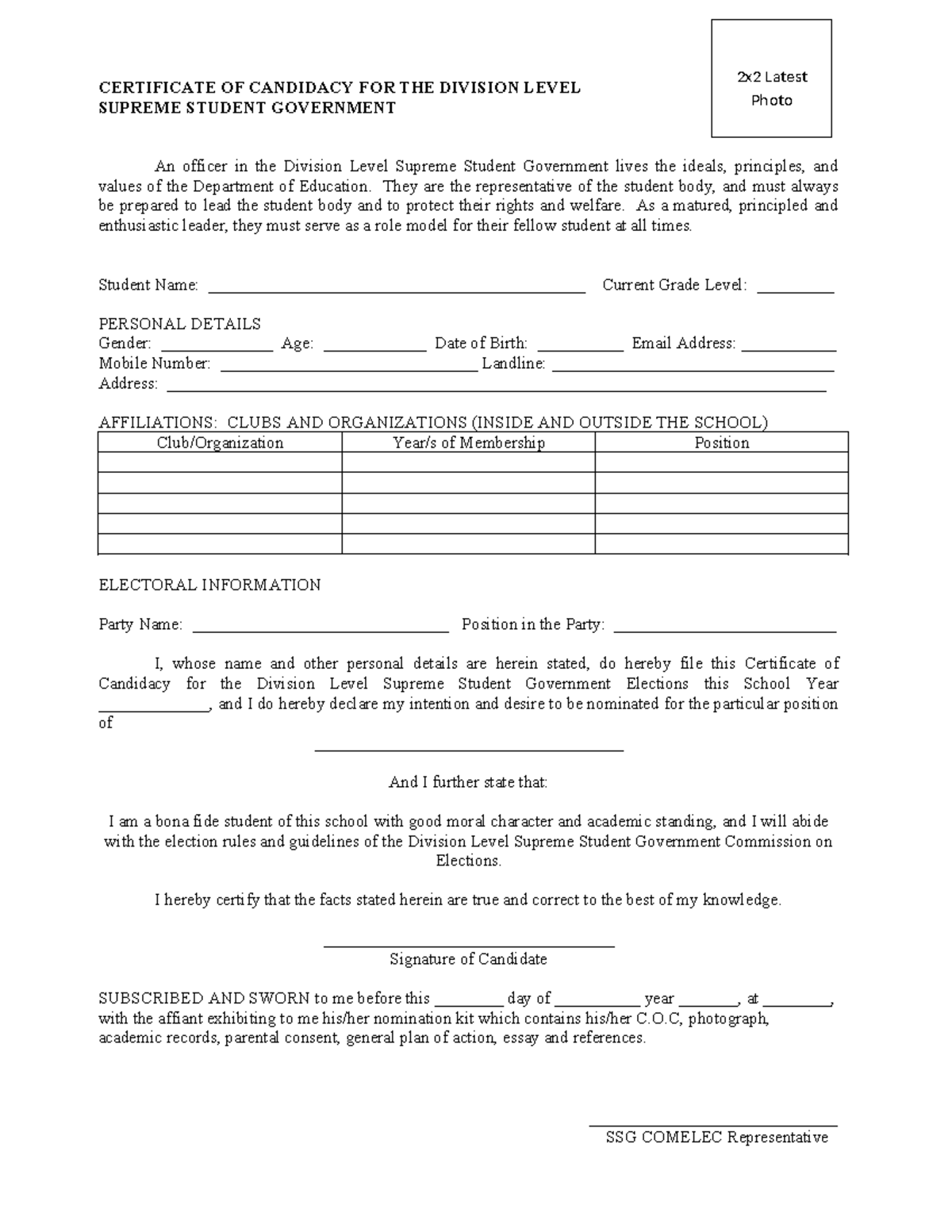 Certificate of Candidacy for Division Level SSG Elections - Studocu
