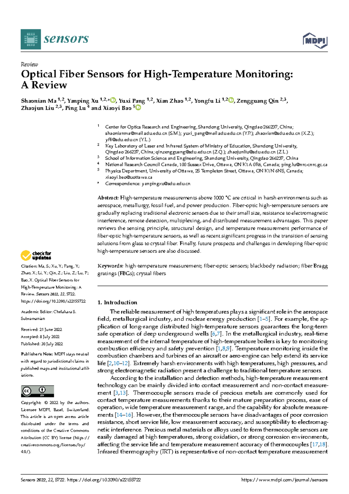 Optical Fiber Sensors for Monitoring: A Comprehensive Review (Sensors ...