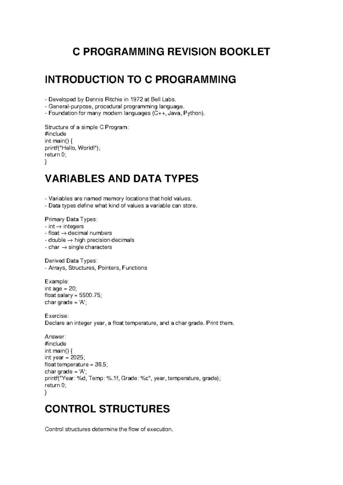C Programming Revision Booklet: Key Concepts & Exercises - Studocu