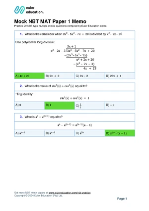 NBT MAT Paper 1 Mock Exam Memo and Solutions - Studocu