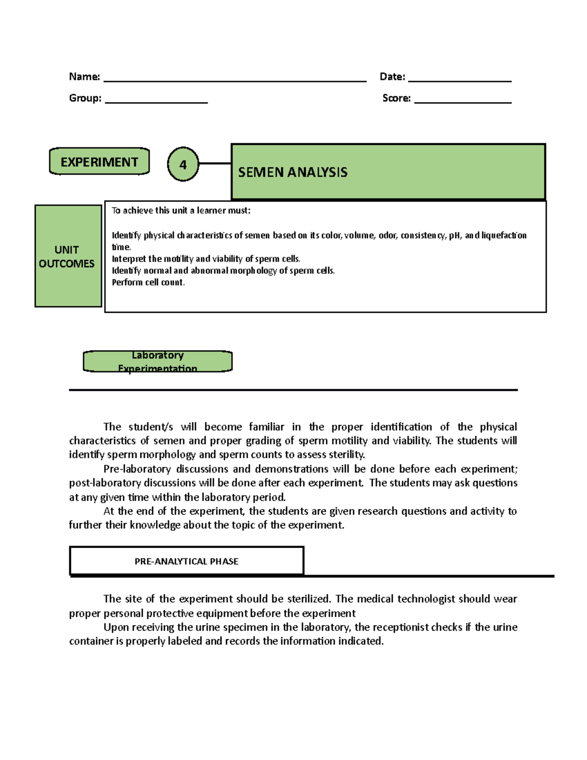 Lab 4 - SA - Semen Analysis Laboratory Sheets and Instructions - Studocu