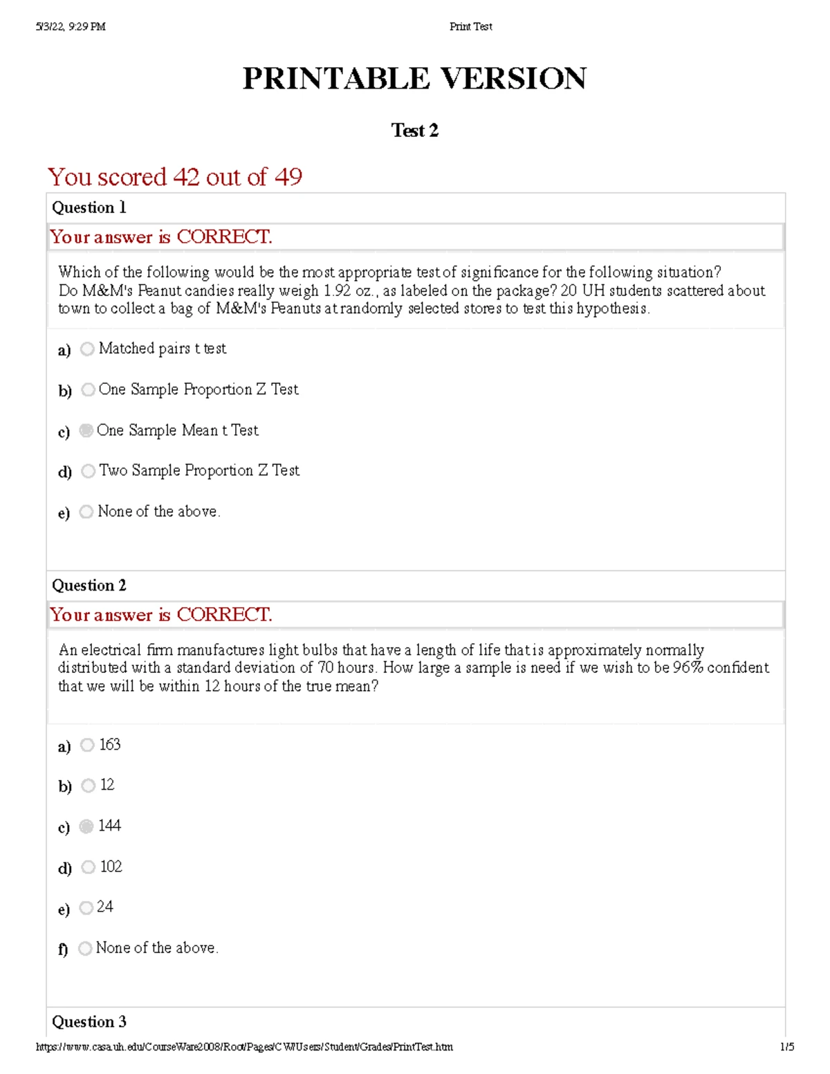 Statistics for Sciences Test 2 - PRINTABLE VERSION Test 2