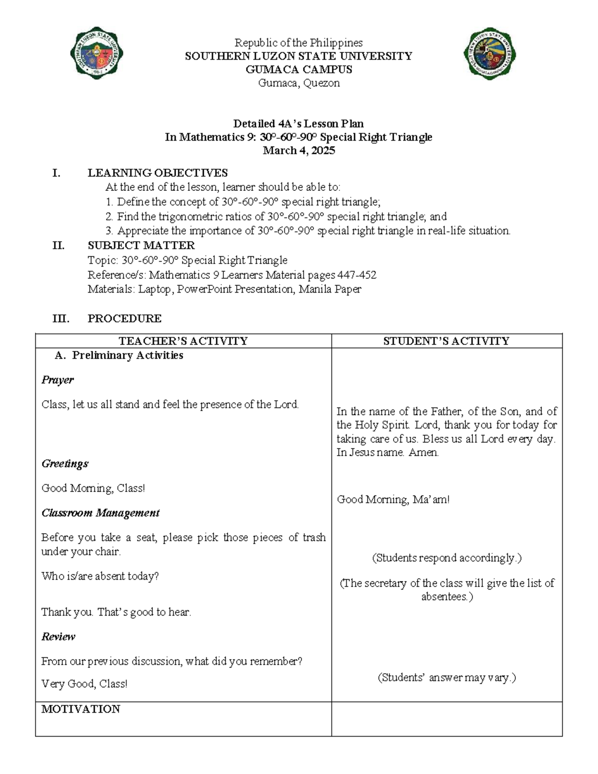 Mathematics 9 detailed lesson plan on special right triangles - Studocu