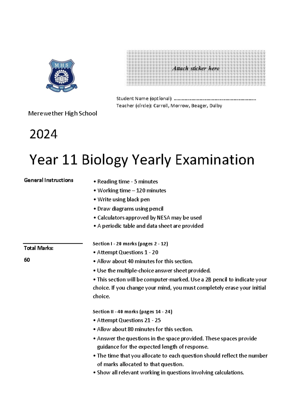 2024 Year 11 Biology Yearly Exam - Final Assessment - Studocu