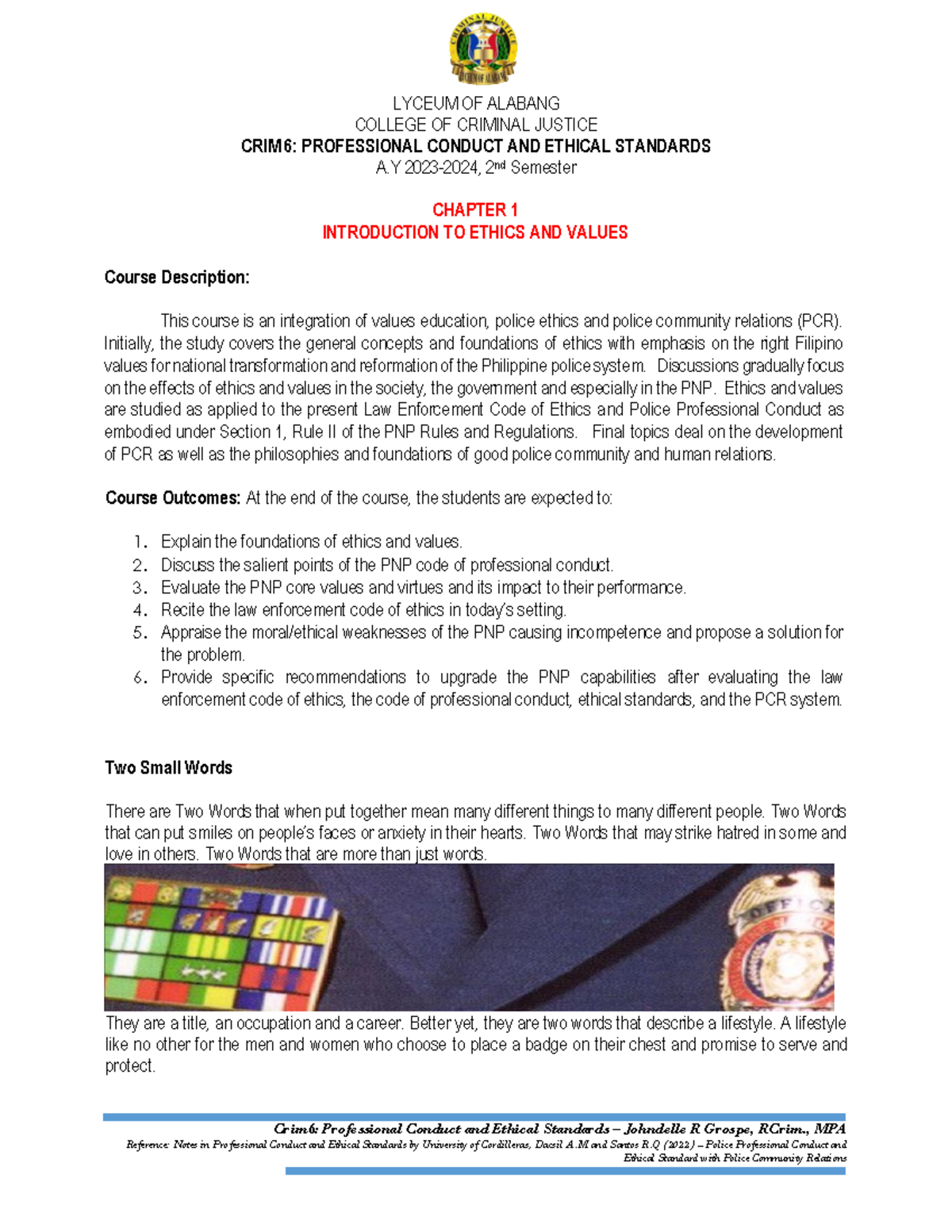 CRIM6 Chapter 1: Intro to Ethics & Values in Professional Conduct - Studocu
