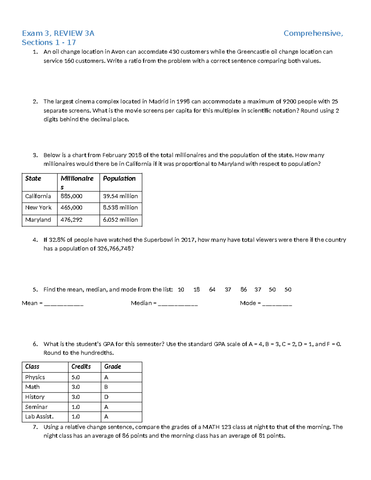 MATH 123 - Exam 3 Review 3A: Comprehensive Study Guide - Studocu