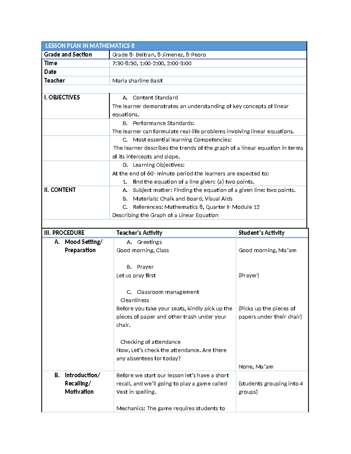 Grade 8 Math: Lesson Plan on Describing Graphs of Linear Equations ...