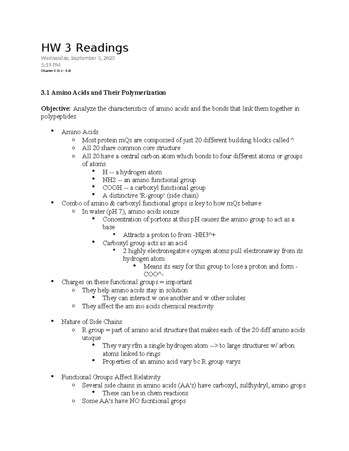Chapter 3: Amino Acids & Protein Structure - HW 3 Readings - Studocu