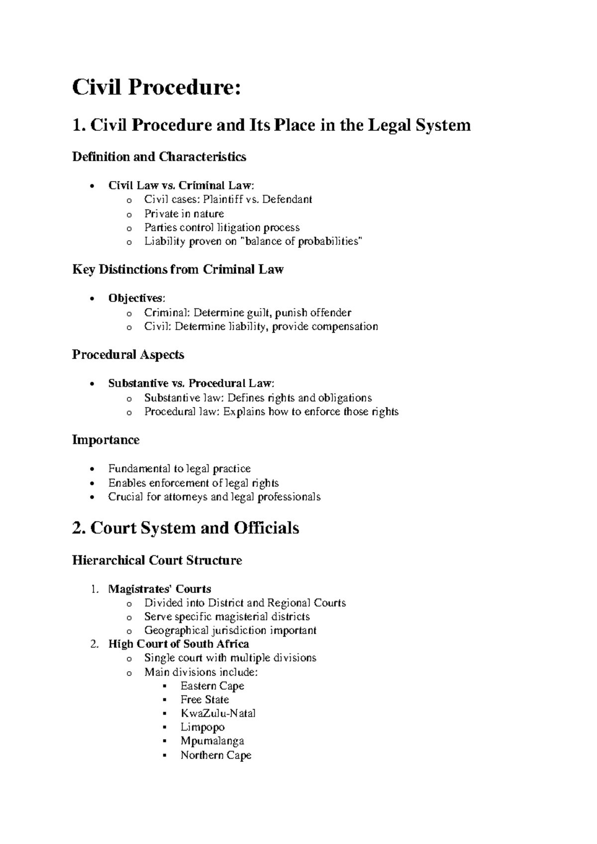 Civil Procedure su1 - short summary - Civil Procedure: 1. Civil ...