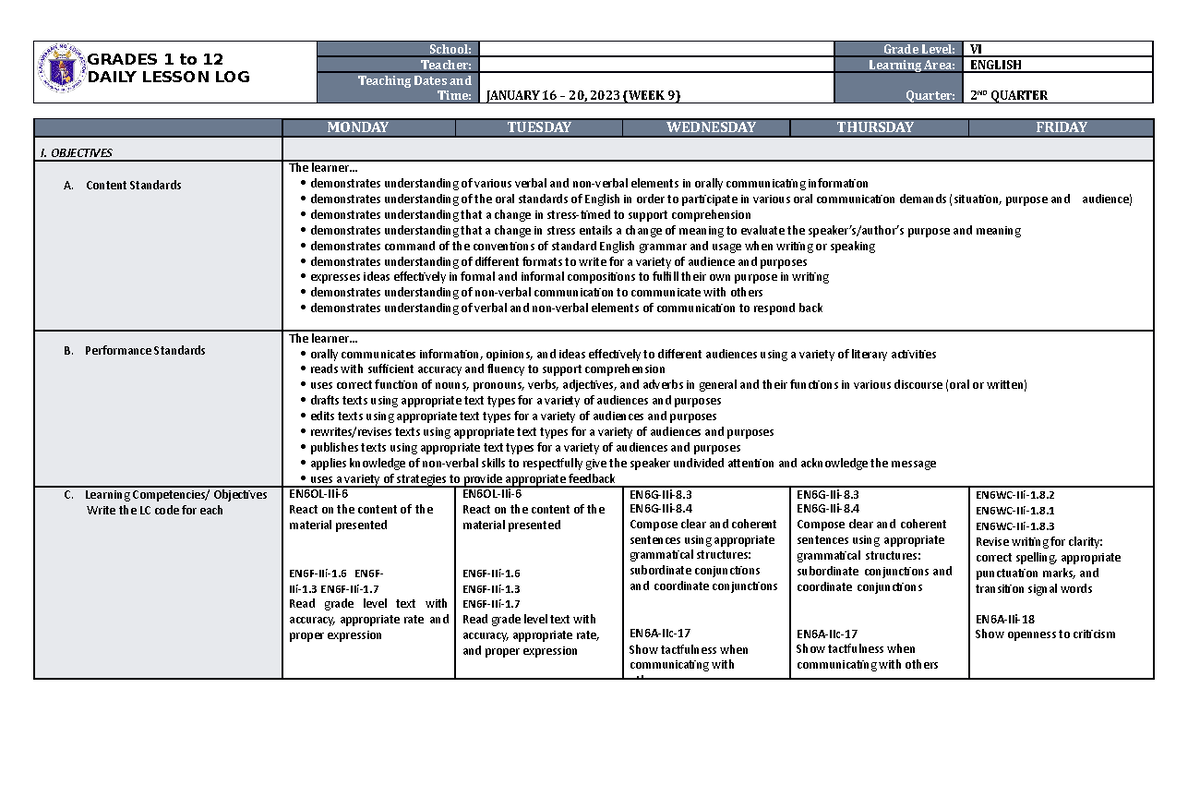 DLL English 6 Q2 W9 - GRADES 1 to 12 DAILY LESSON LOG School: Grade ...
