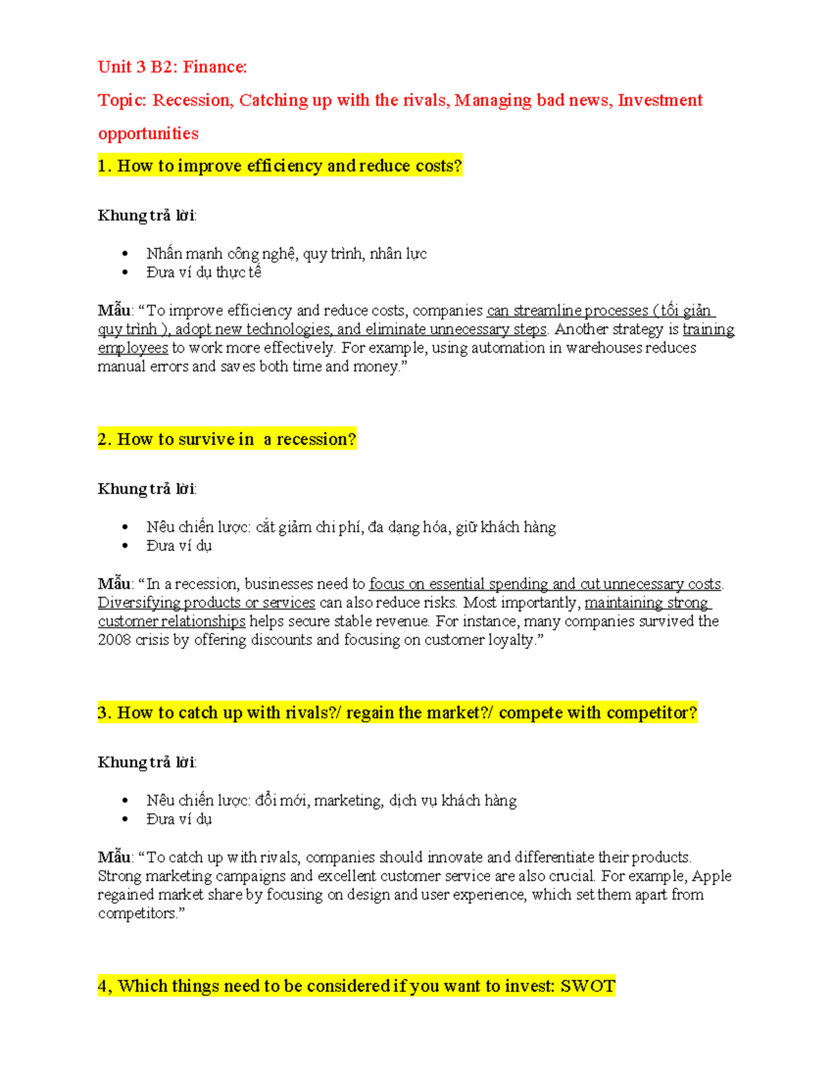 ENM402: Speaking Review Notes for Students on Business Strategies - Studocu