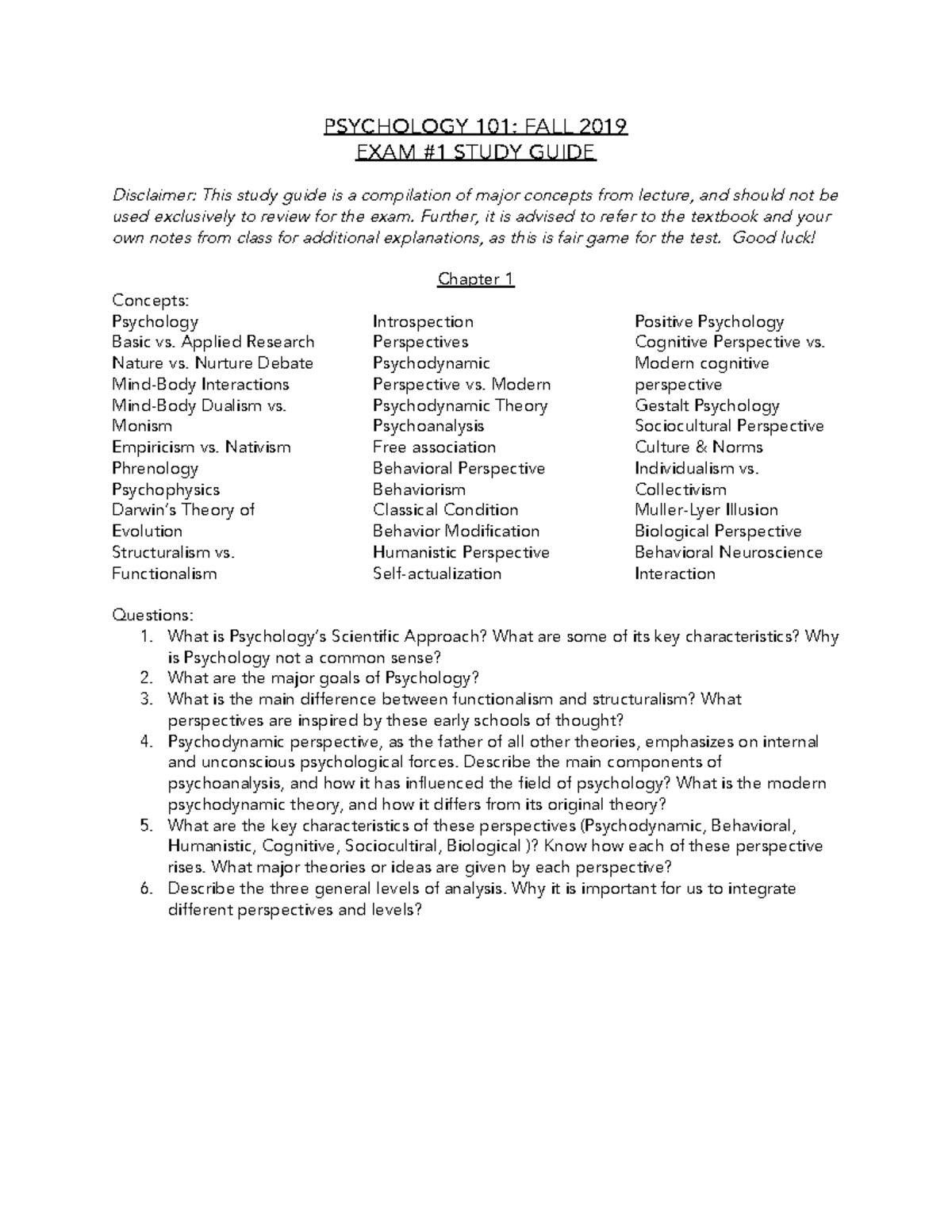 Psychology 101: Exam #1 Study Guide | Key Concepts & Questions - Studocu