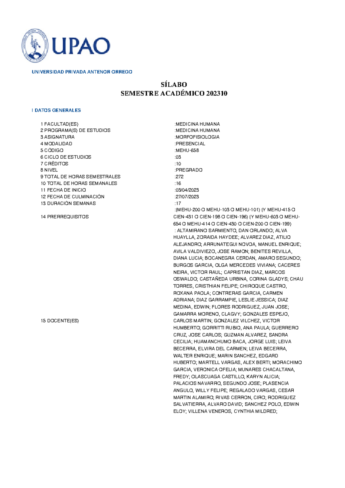 Sílabos de Morfofisiología I - Medicina Humana (MEHU-202310) - Document Preview