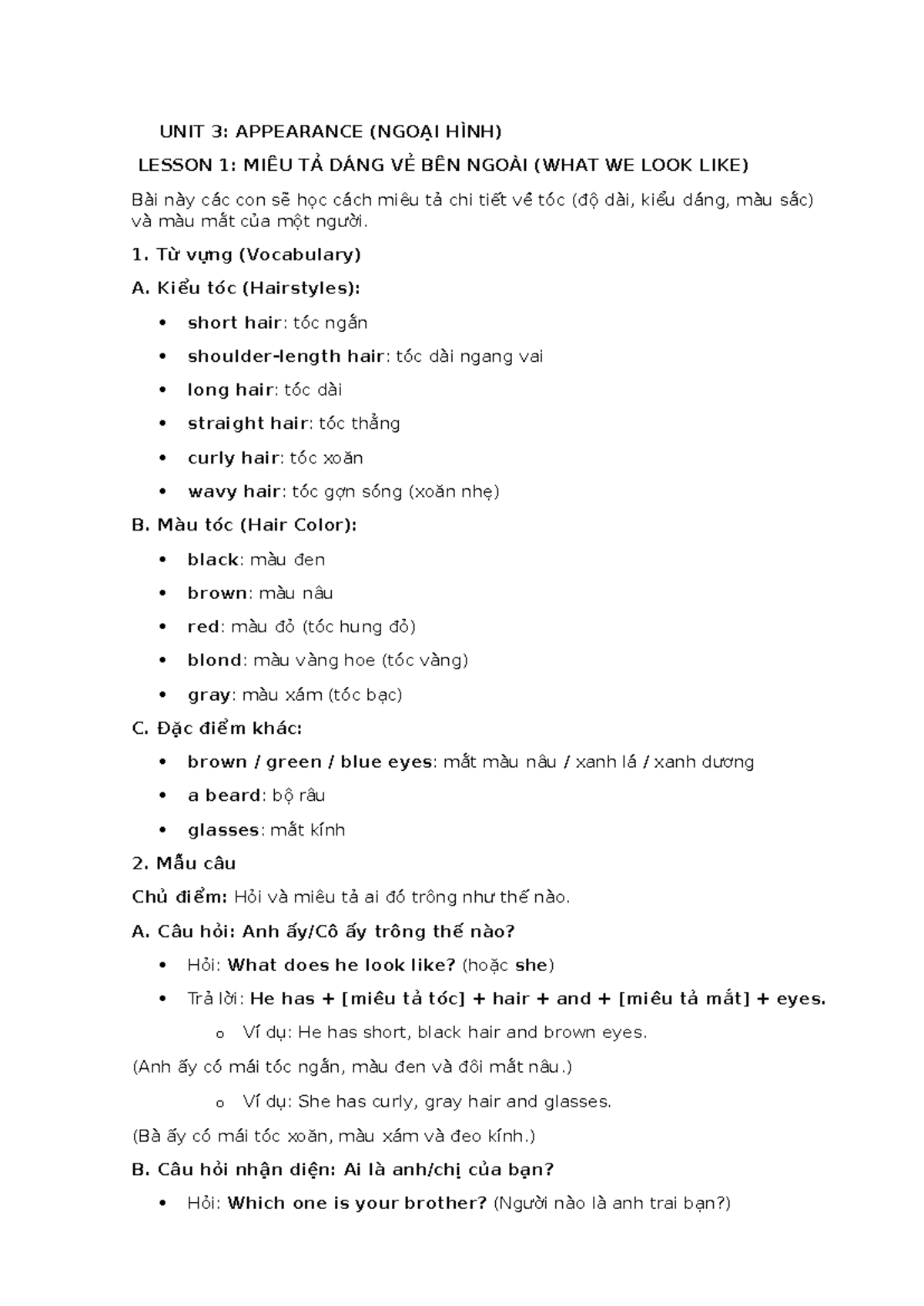 Unit 3: Appearance Lesson 1 - Describing Physical Features - Studocu