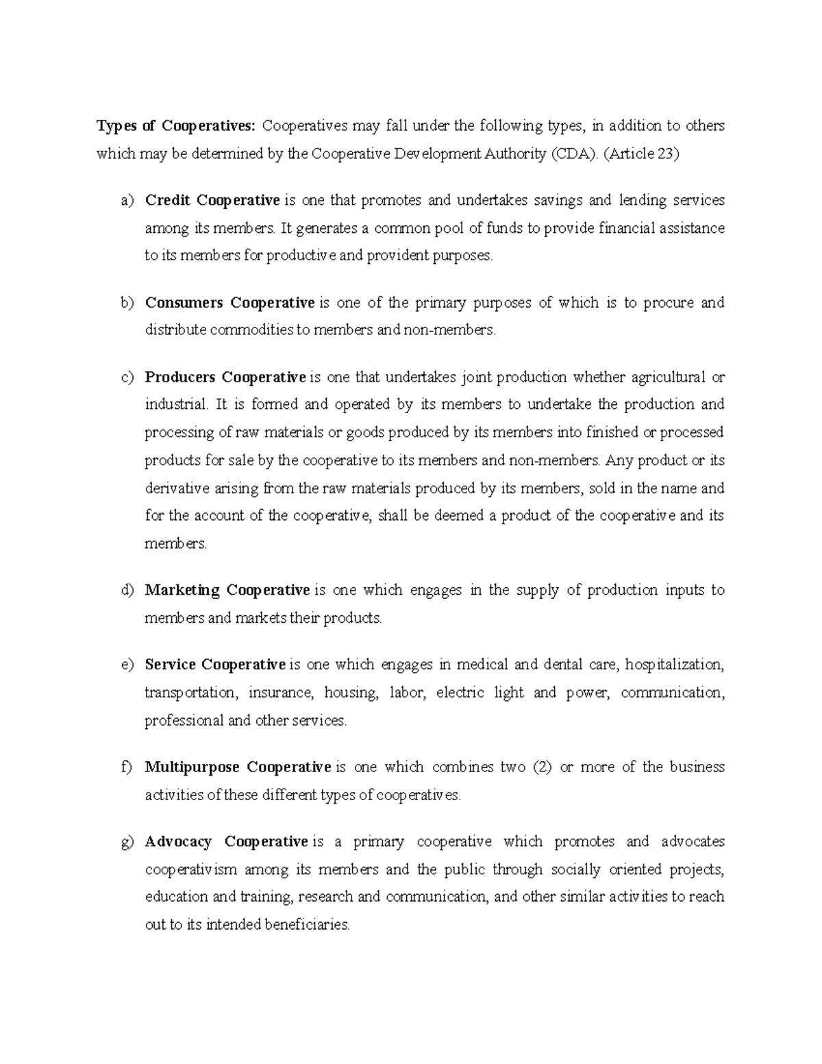 Types of Cooperatives - Lecture Notes Overview - Studocu