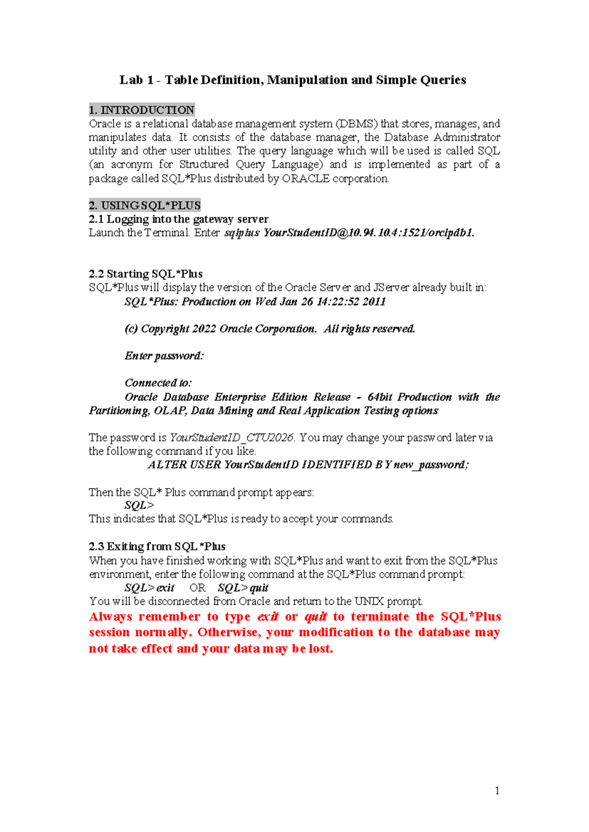 Lab 1: SQL Table Definition, Manipulation & Simple Queries - Studocu