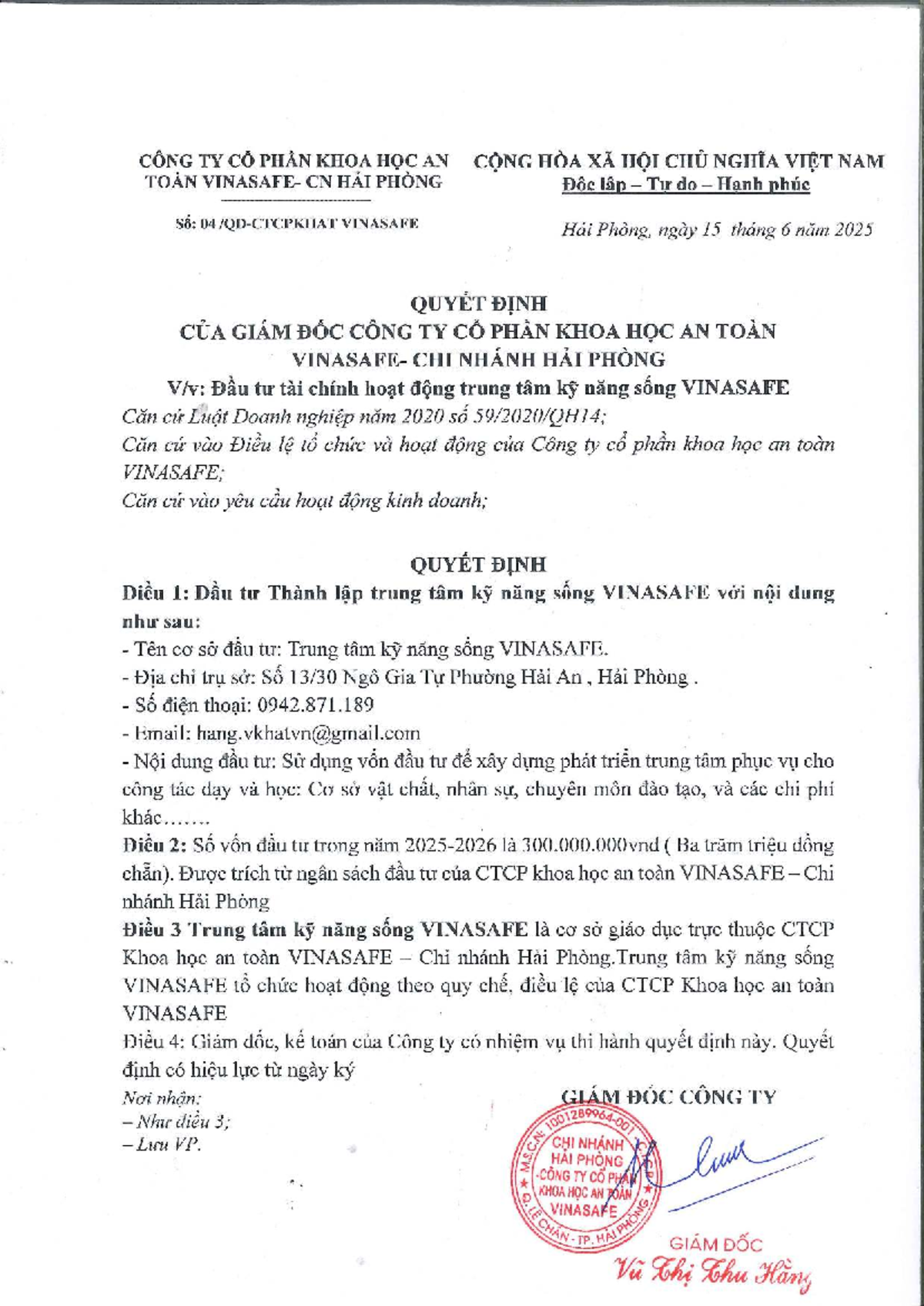 Đề Án Thành Lập Trung Tâm Kỹ Năng Sống VINASAFE Năm 2025 - Document Preview