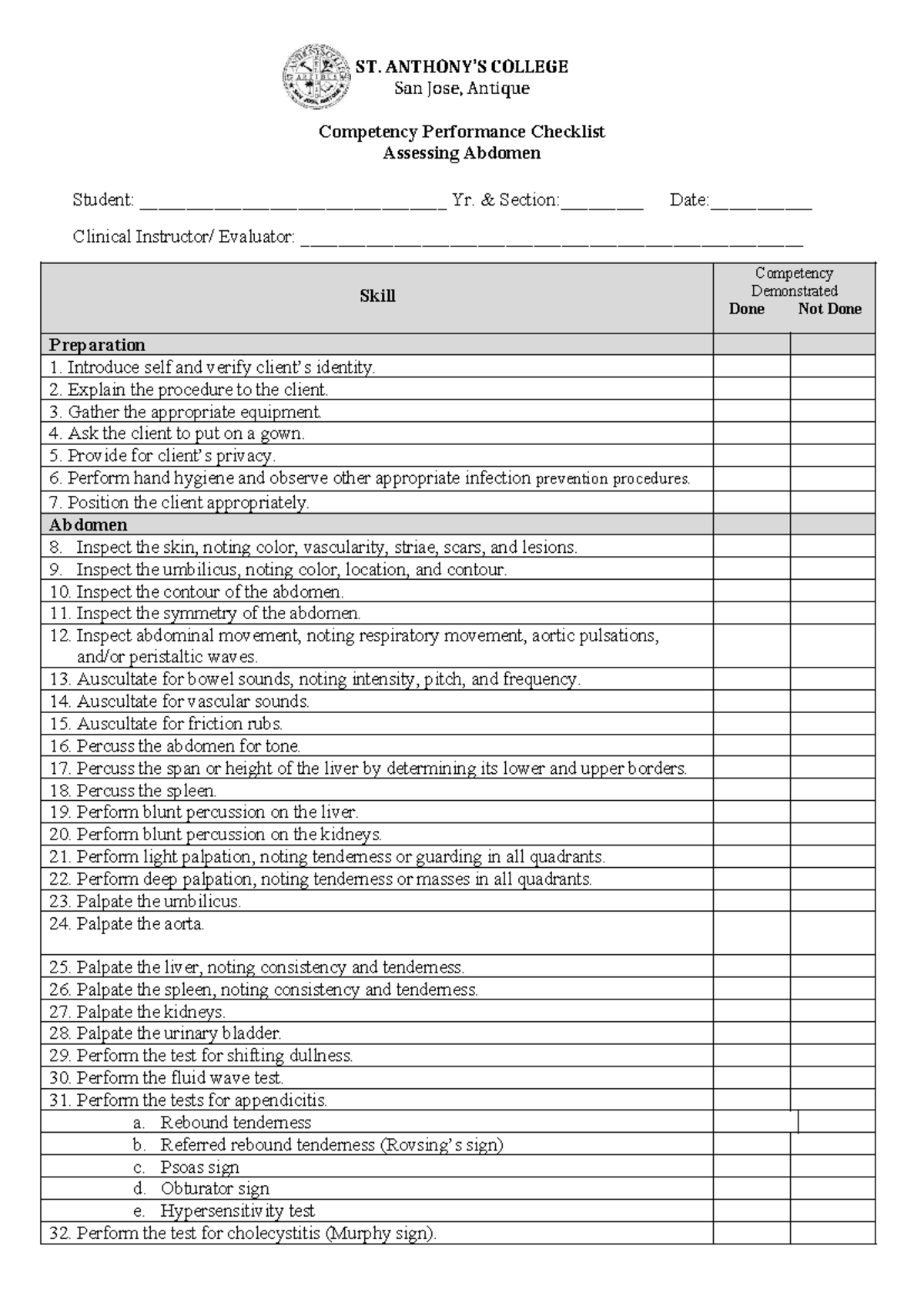 ST. COLLEGE San Jose, Antique Clinical Competency Checklist: Abdomen ...