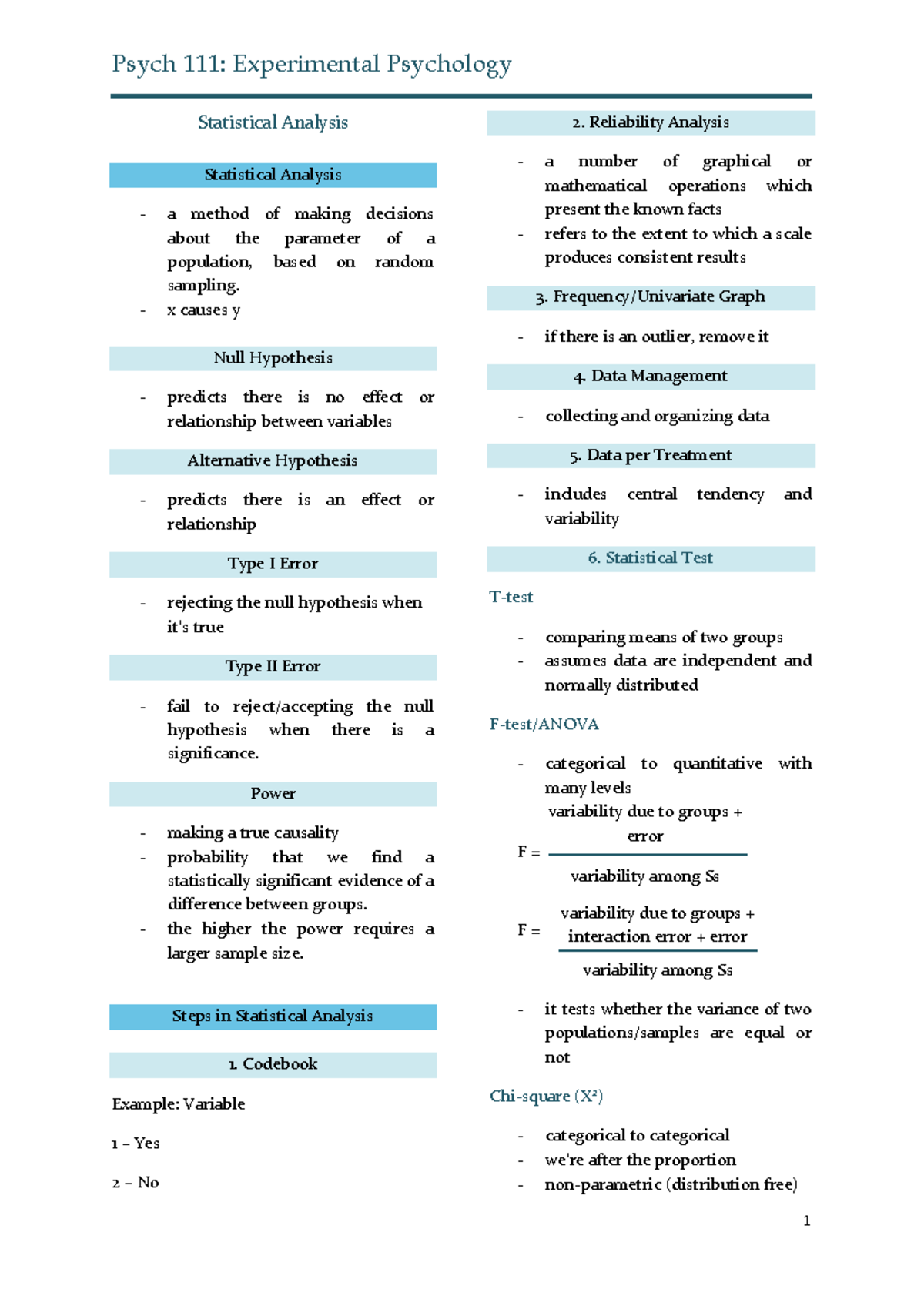 Psych 111: Statistical Analysis Concepts in Experimental Psychology ...