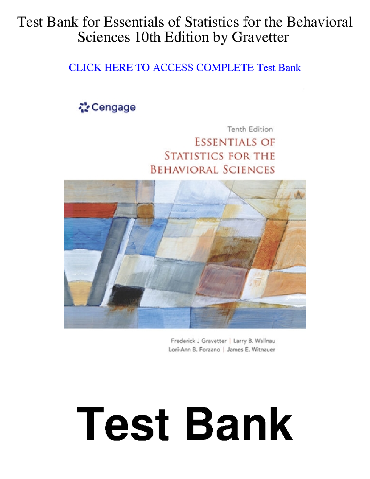 Test Bank for Essentials of Statistics for Behavioral Sciences (10th Ed ...