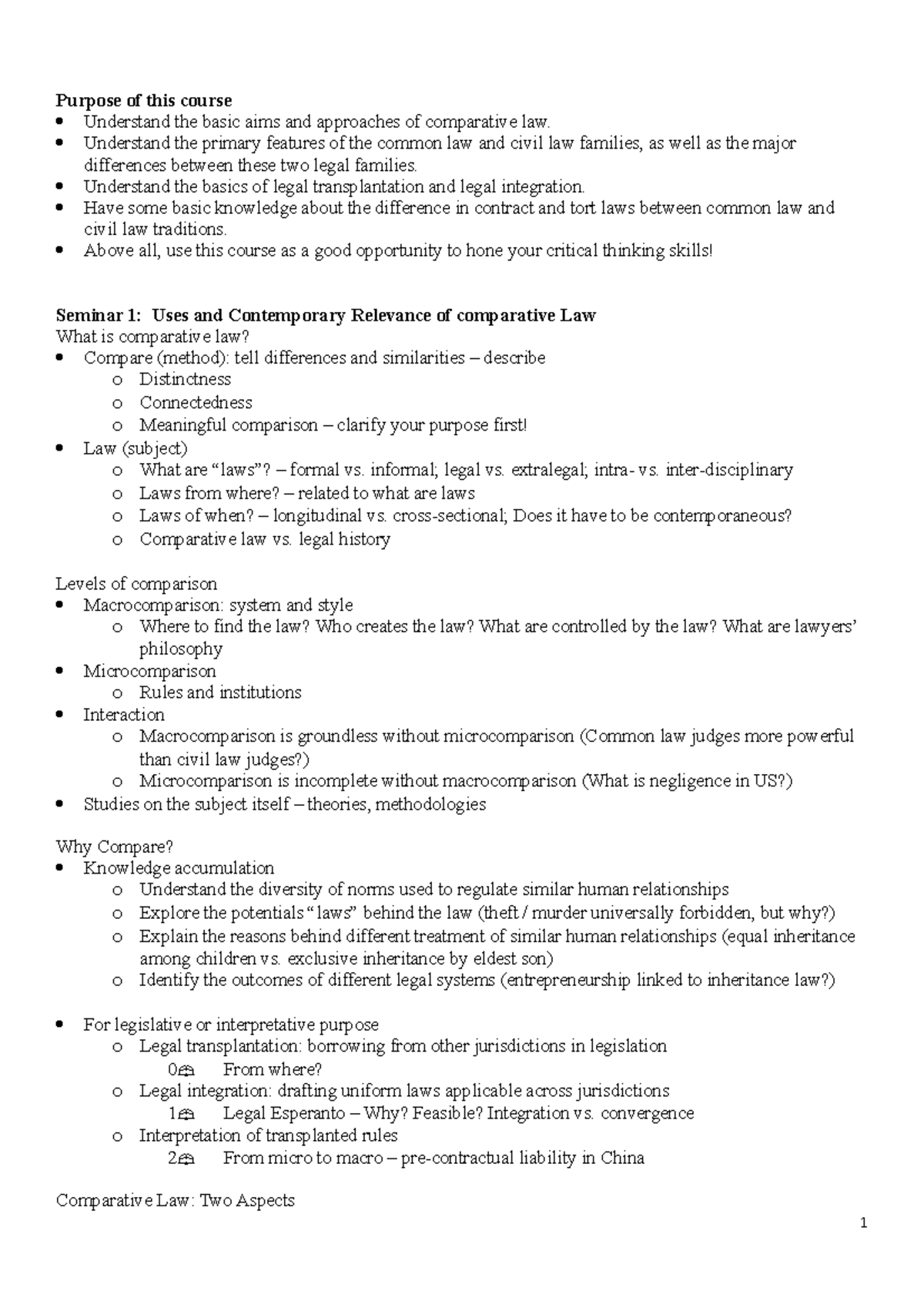 Comparative Law Seminar Summary Notes (CLS 101) - Studocu