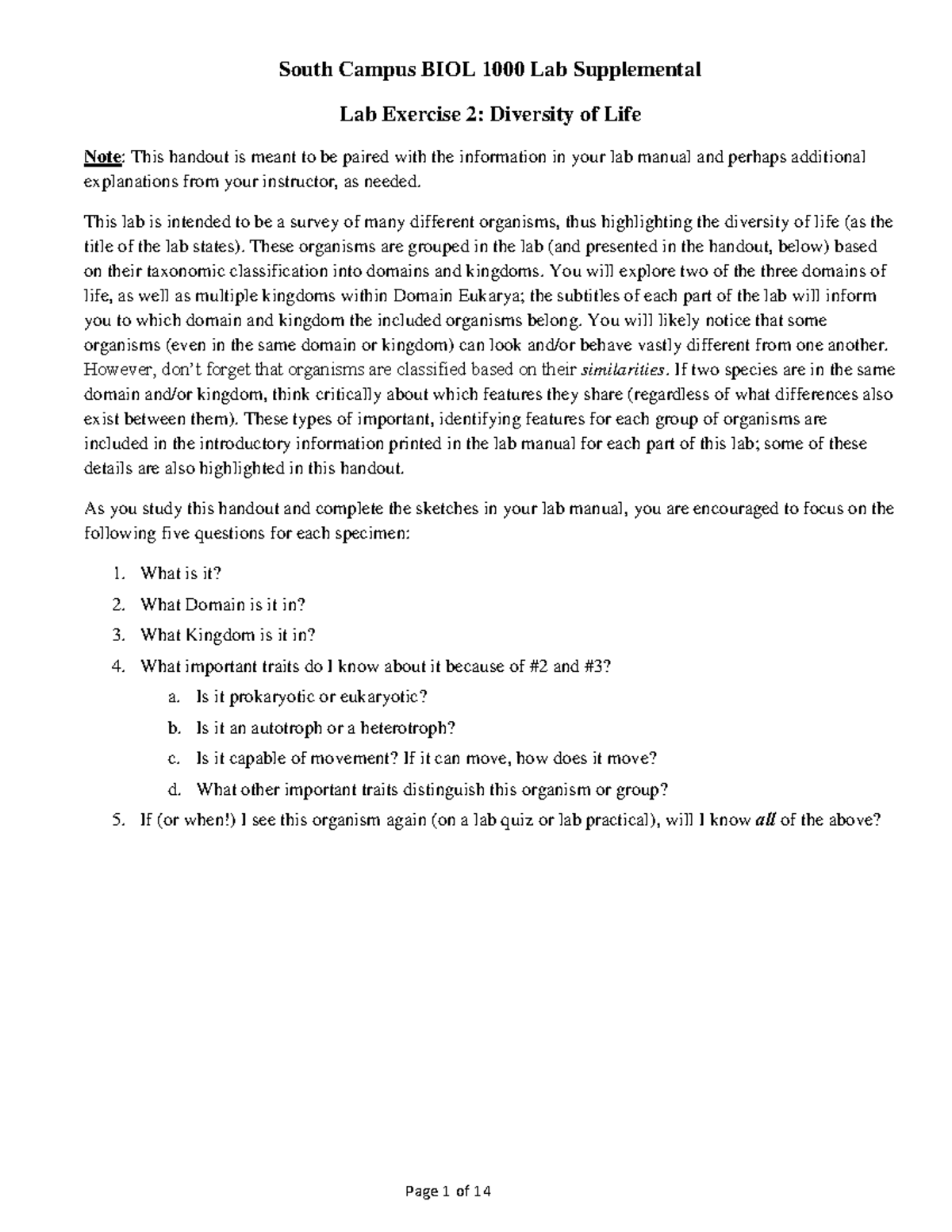 BIOL 1000 Lab Ex02 Handout: Exploring Diversity of Life F20 - Studocu