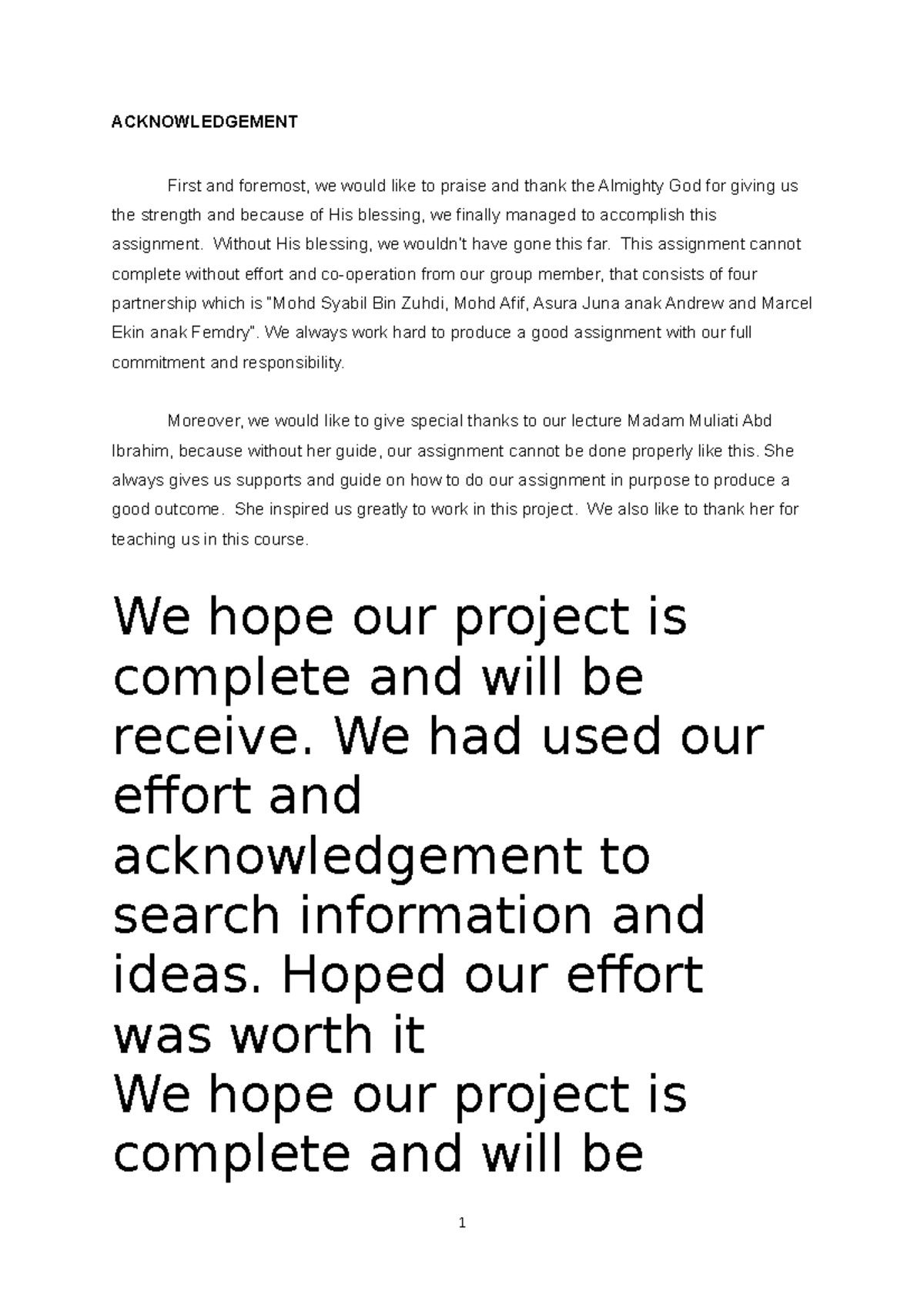 Acknowledgement of Group Project: Contribution and Thanks - Studocu