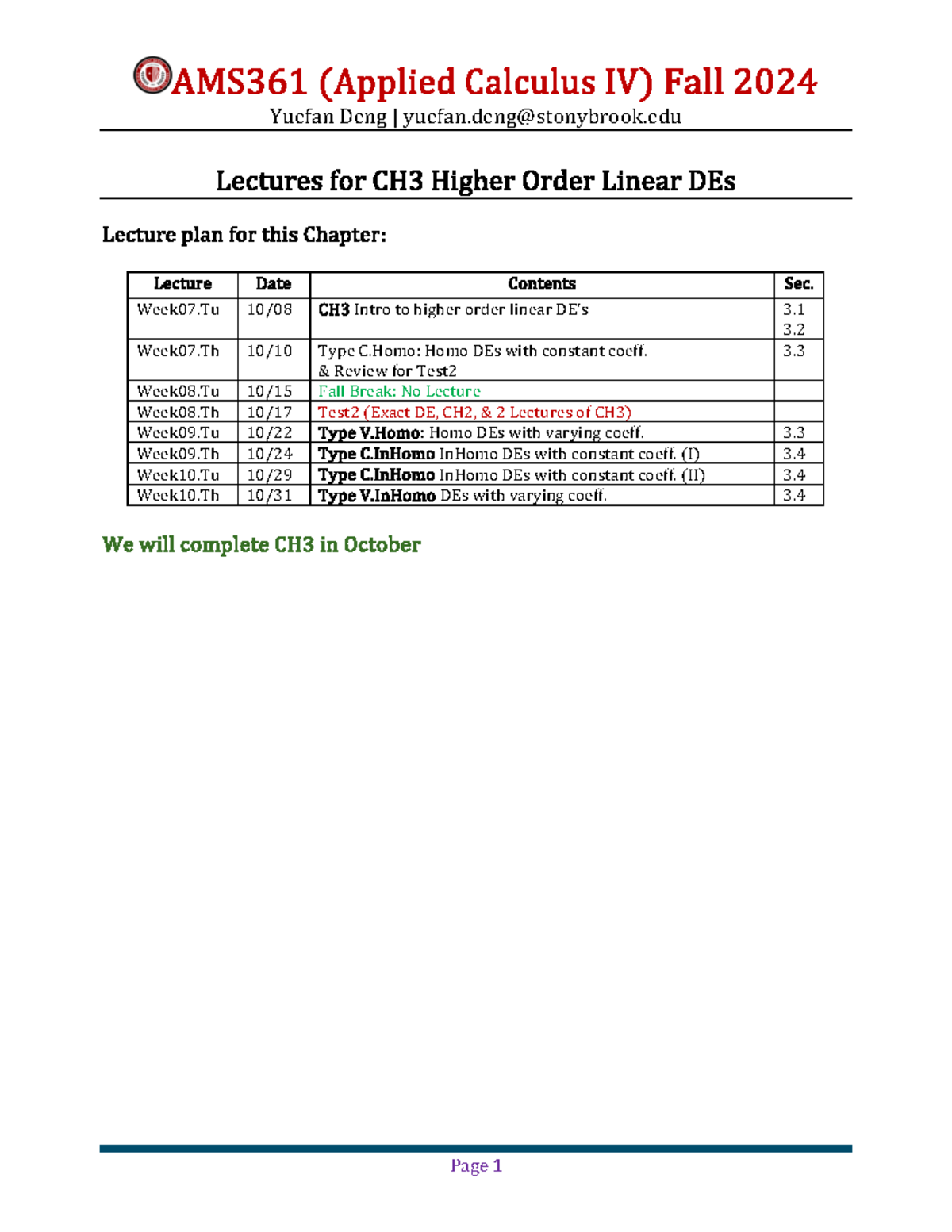 AMS361 Applied Calculus IV Lecture Notes: Higher Order Linear DEs ...