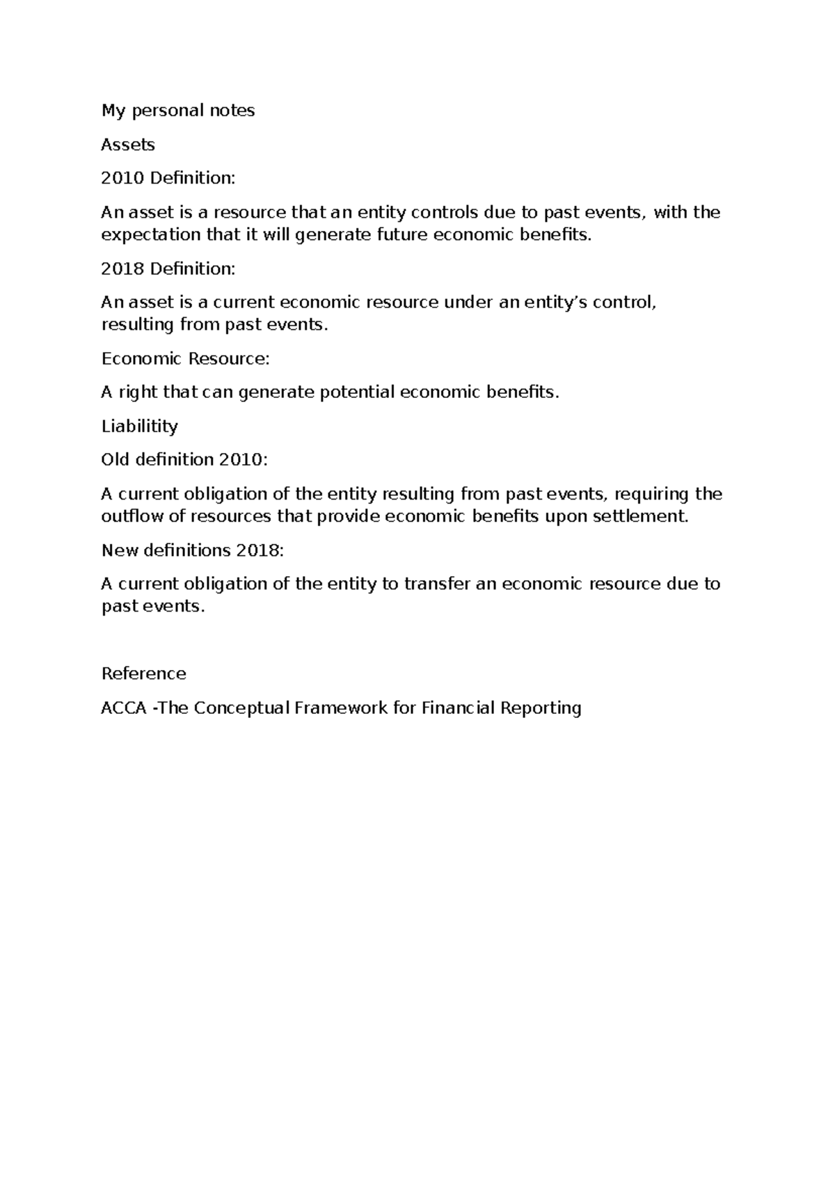My personal notes - My personal notes Assets 2010 Definition: An asset ...