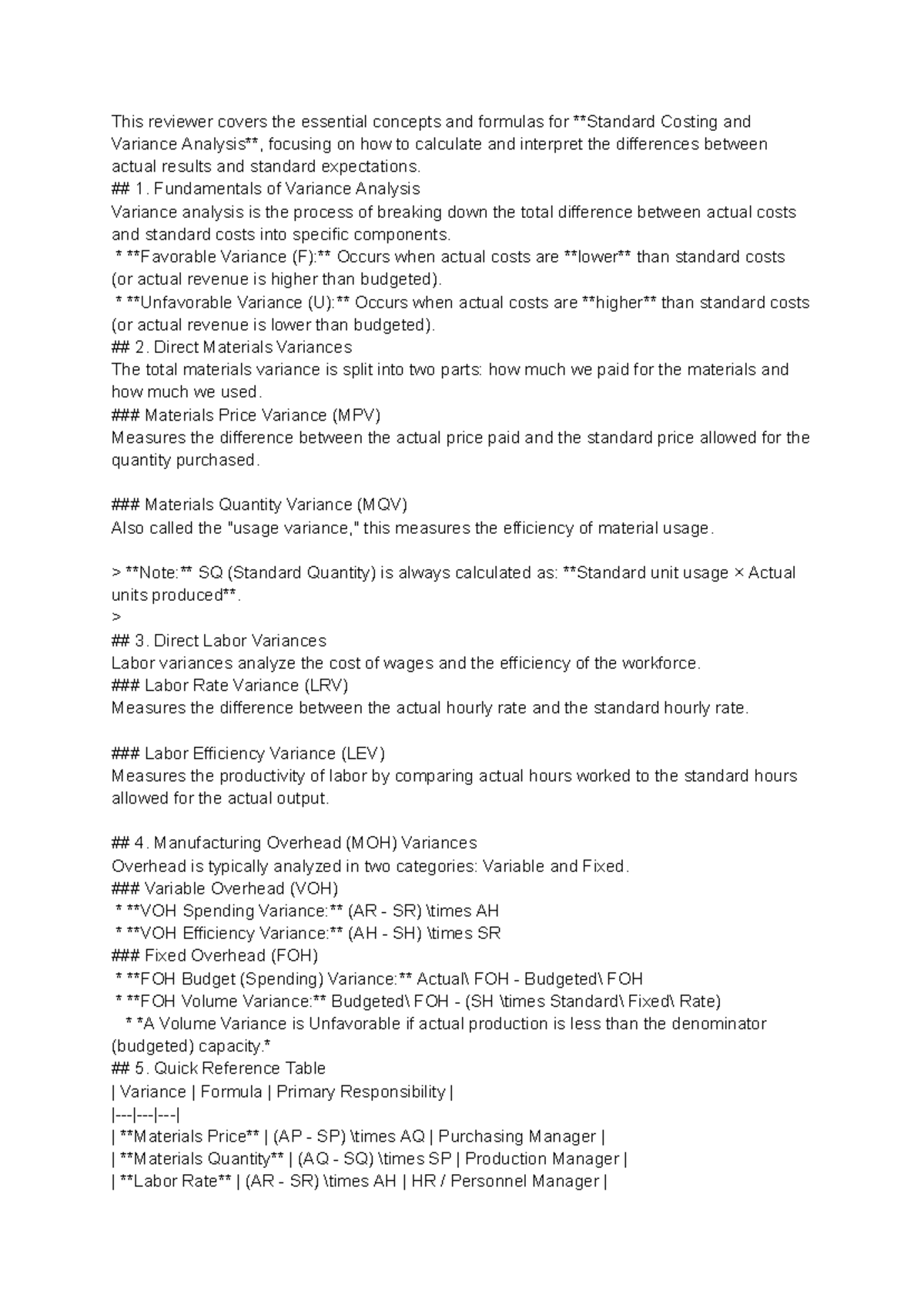 Variance Analysis Review: Key Concepts & Formulas for Costing - Studocu