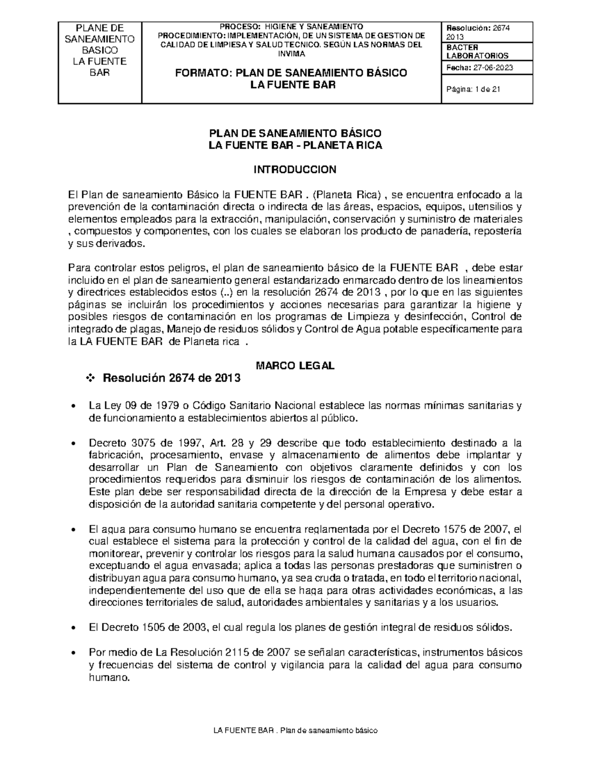 PLAN DE SANEAMIENTO BÁSICO LA FUENTE BAR - RESOLUCIÓN 2674/2013 - Studocu