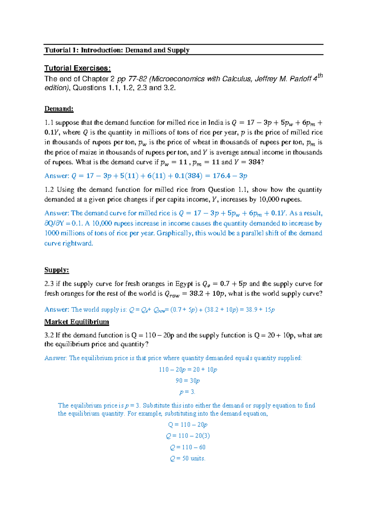 Tutorial 1 Solutions - Tutorial 1: Introduction: Demand and Supply ...