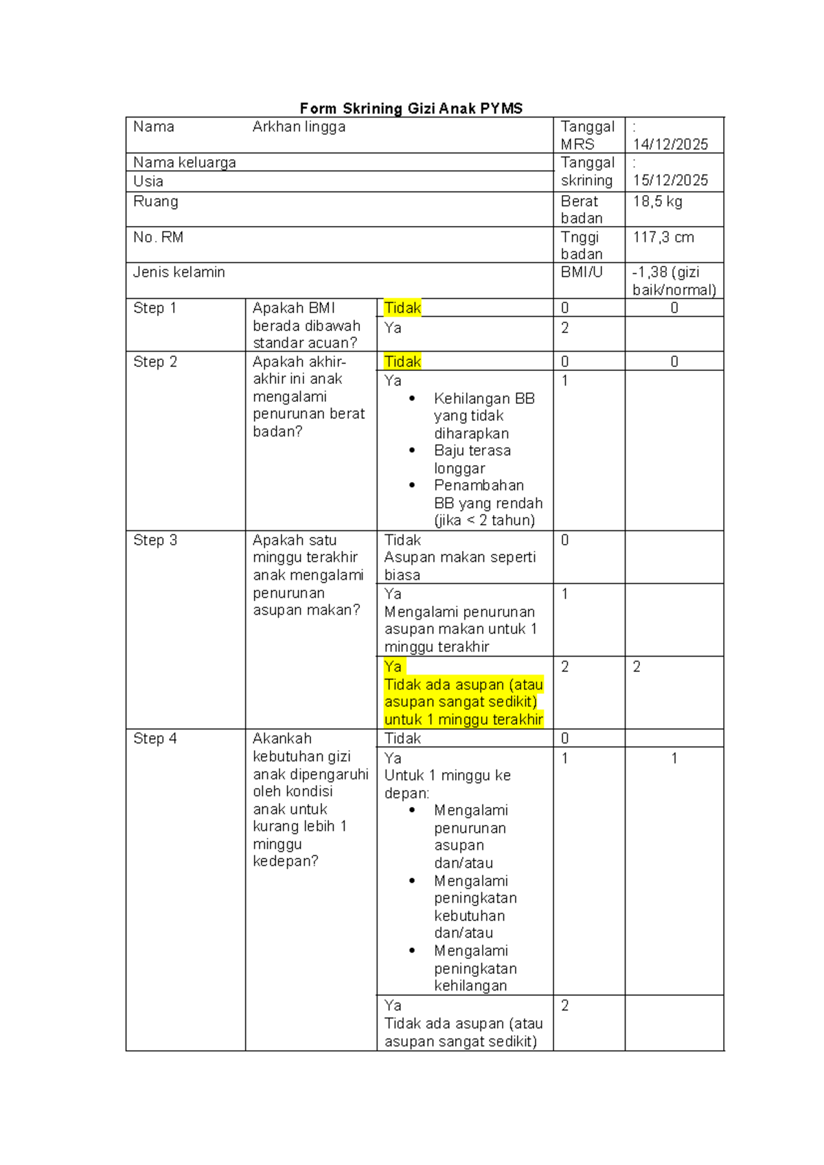 Form Skrining Gizi Anak PYMS: Evaluasi Status Gizi dan Risiko ...