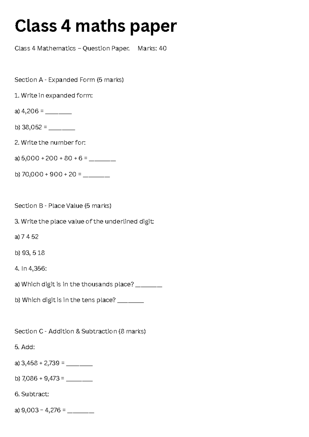 Class 4 Maths Exam Paper 20250731: Questions & Solutions - Studocu