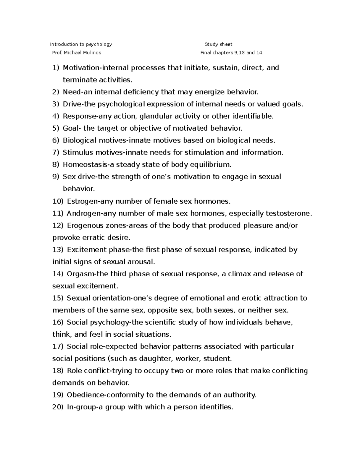 Final Exam Study Sheet for Intro to Psychology (Fa 16) - Studocu