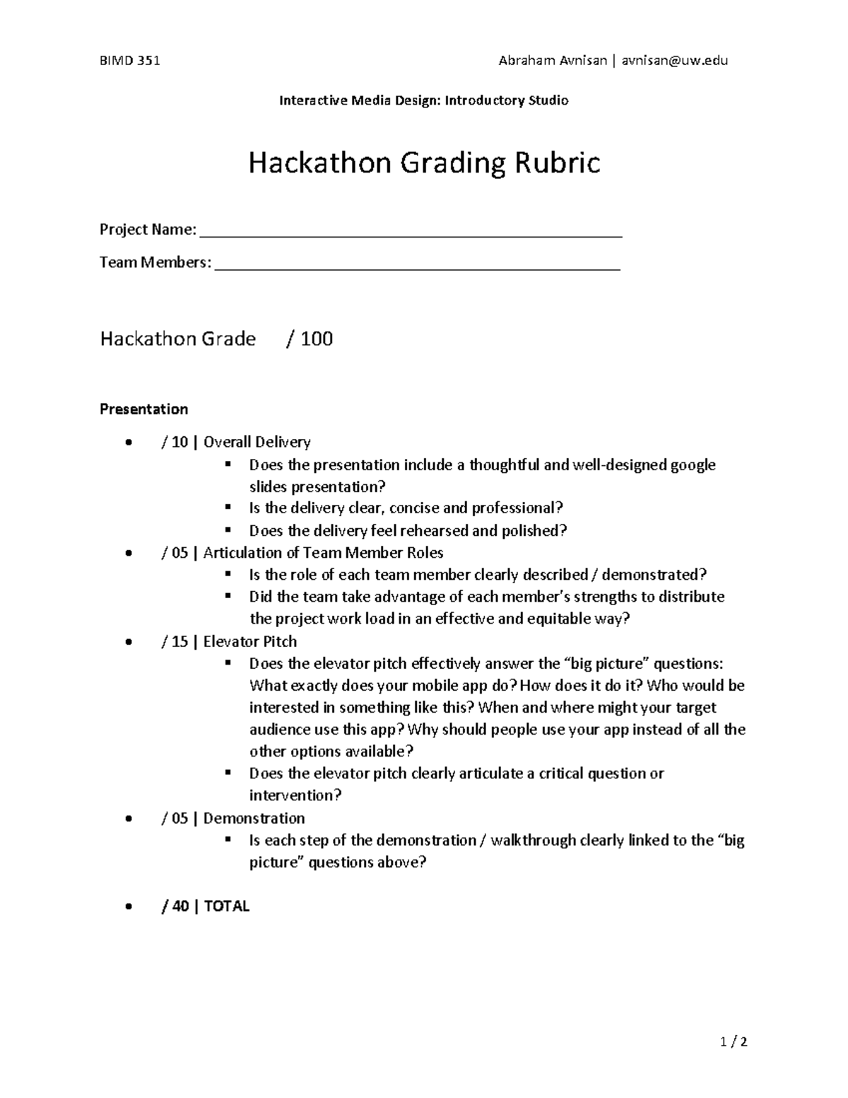 BIMD 351 Hackathon Grading Rubric for Interactive Media Design - Studocu