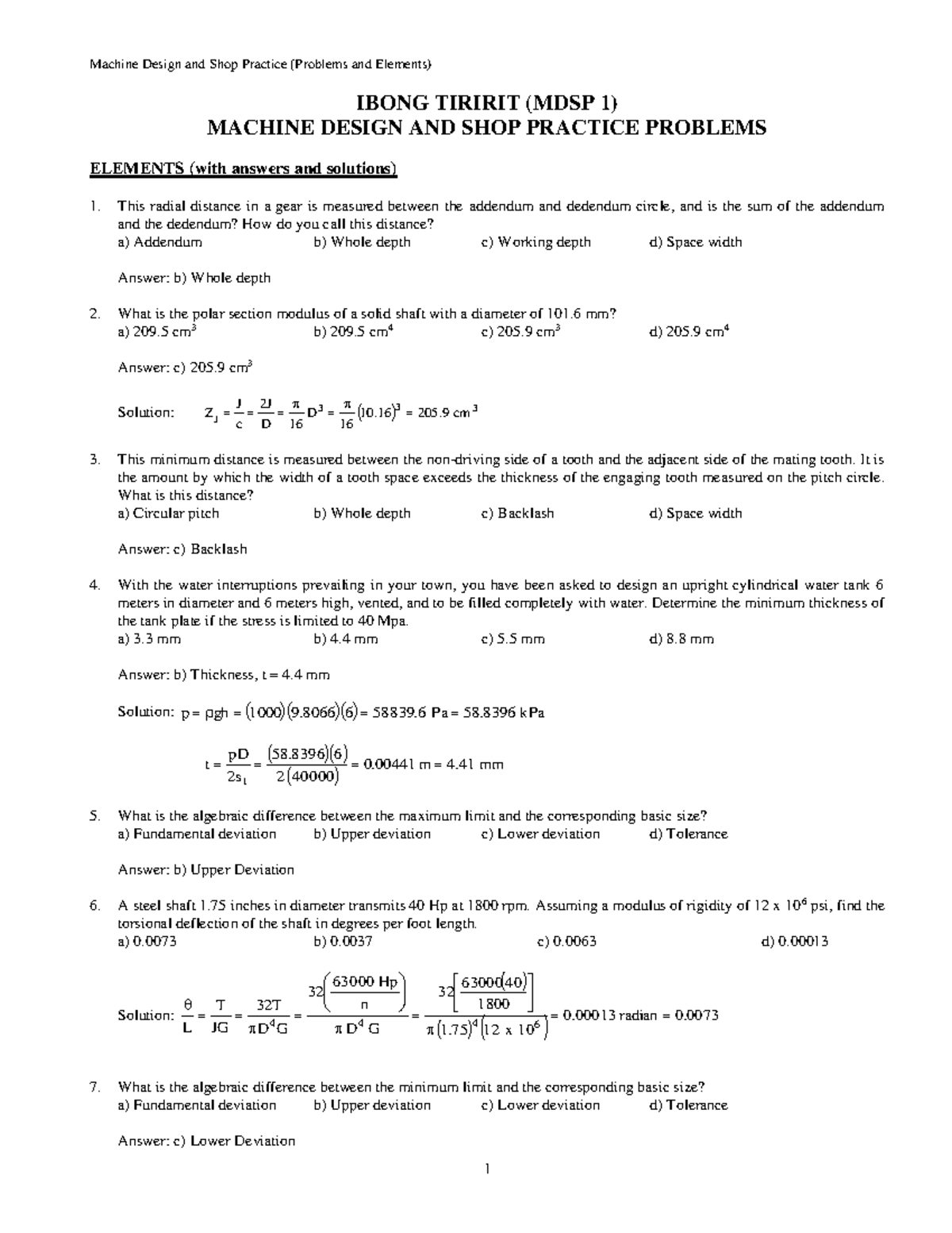 Ibong Tiririt Problem Solutions (MDSP 1) - Machine Design & Shop ...