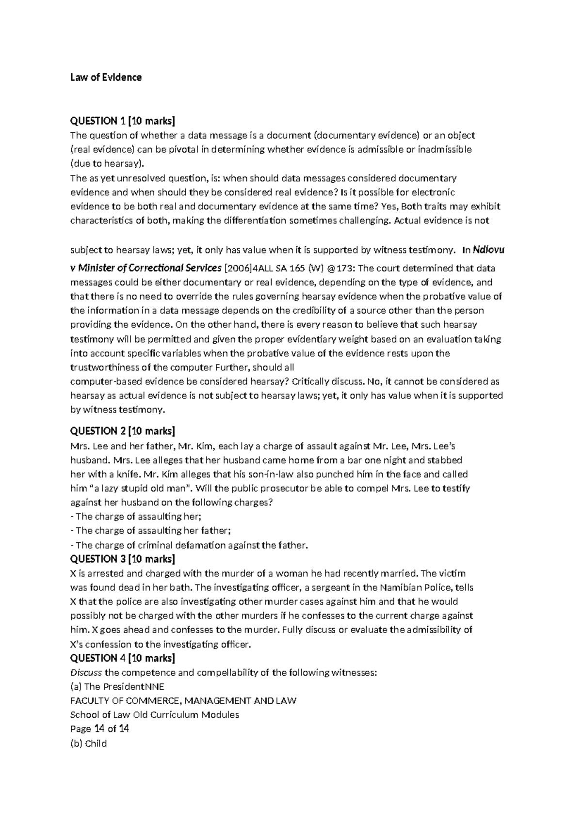 Law of Evidence (Course Code: LAW302) Assignment 2 Analysis - Studocu