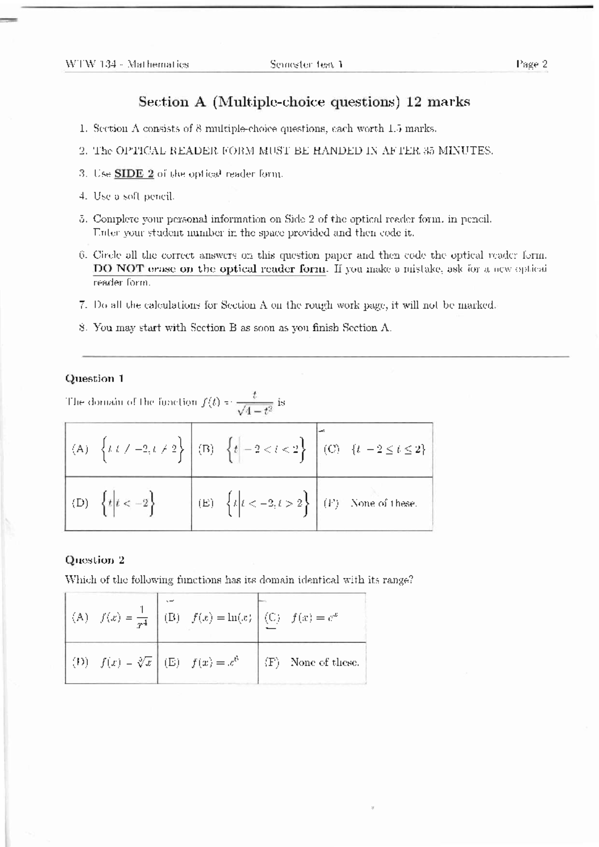 WTW L34 Mathematics Semester Test 1 Practice Questions - Studocu