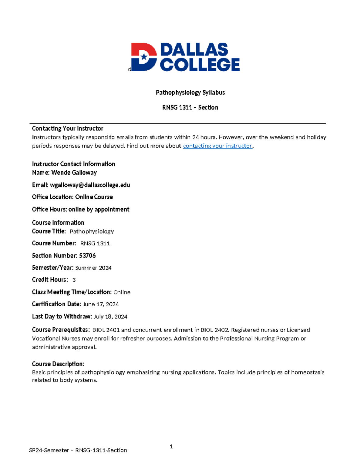 RNSG 1311 - Summer 2024 Pathophysiology Course Syllabus - Studocu