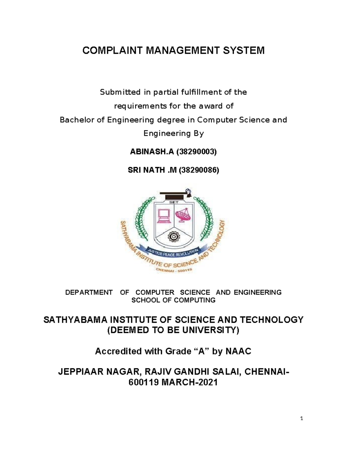 Complaint Management System - Project Report (B.E. CSE) - Studocu