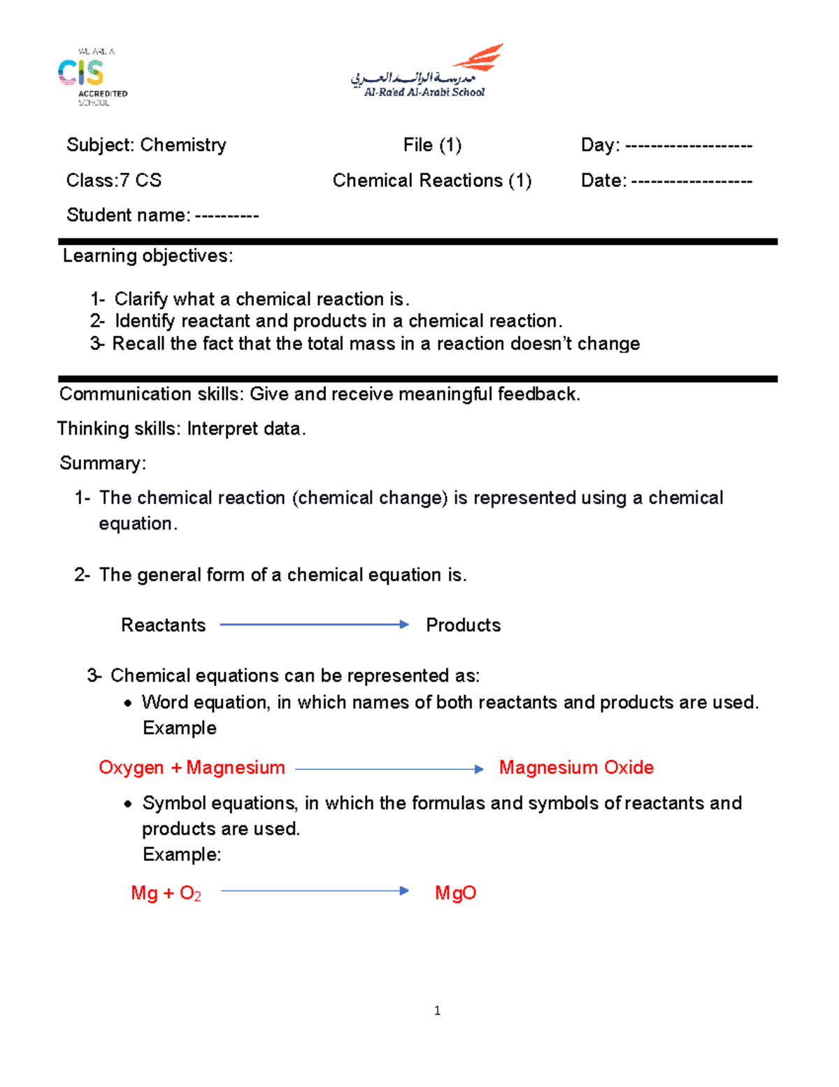 Chemistry 7 CS: Understanding Chemical Reactions and Equations - Studocu
